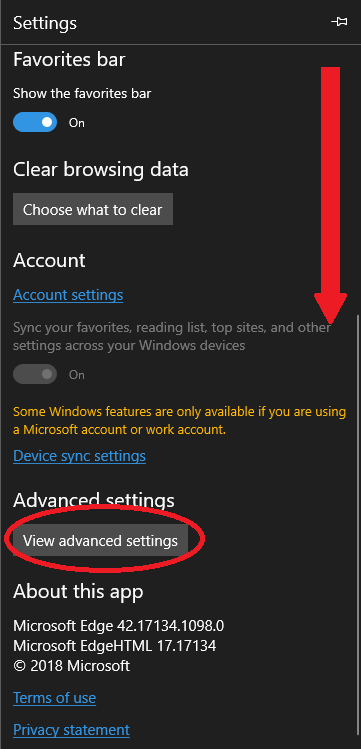 Image of the location of Microsoft Edge's advanced settings