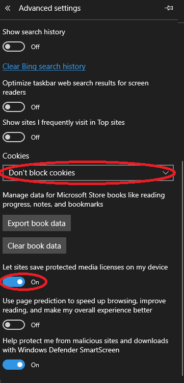Image of Microsoft Edge's cookie setting preferences