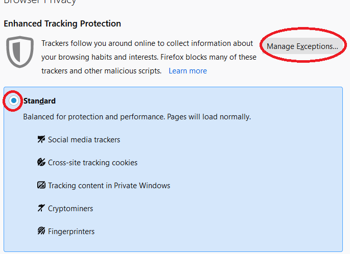 Image of Firefox standard cookie settings option